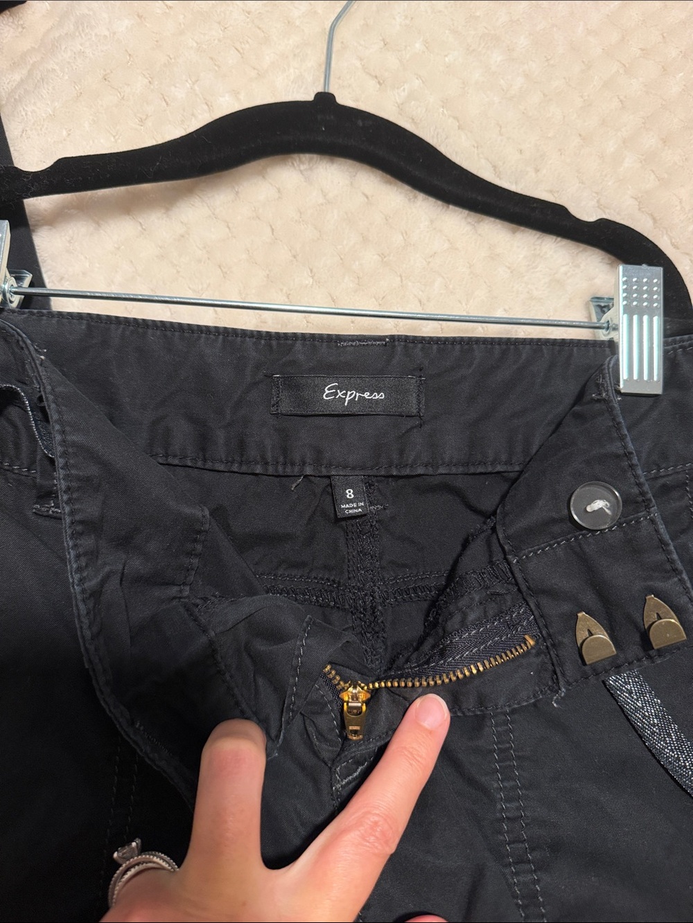 Express Black Straight Leg Cargo Pants with Rhinestone Butterfly Accent - Picture 6 of 6